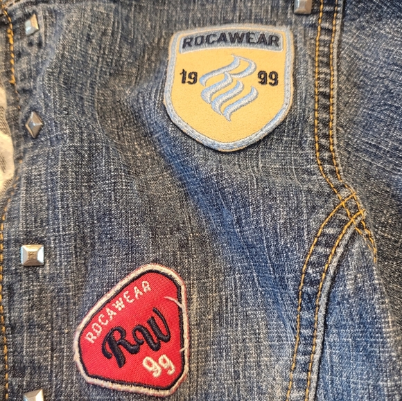 Rocawear Girls Cropped, Studs & Patches Motorcycle Jean Jacket - Picture 3 of 15